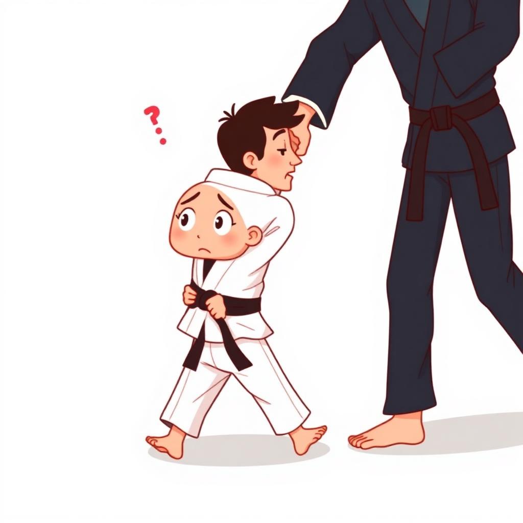 Ilustração divertida de uma pessoa perdida de kimono sendo levada para o tatame